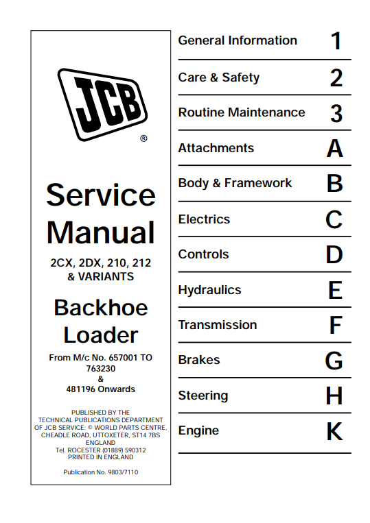 JCB Backhoe Loader 2CX, 2DX, 210, 212 & Variants Service Manual 9803/7110 PDF