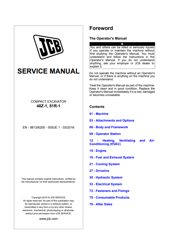 JCB Compact Excavator 48Z-1, 51R-1 Service Manual 9813/6200 PDF