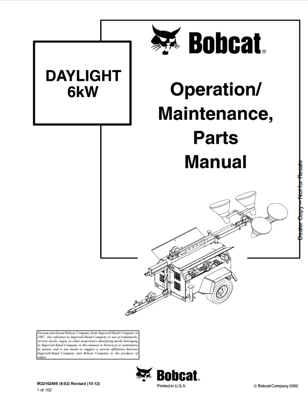 BOBCAT DAYLIGHT 6KW OPERATION, MAINTENANCE AND PARTS MANUAL IR22162408 PDF
