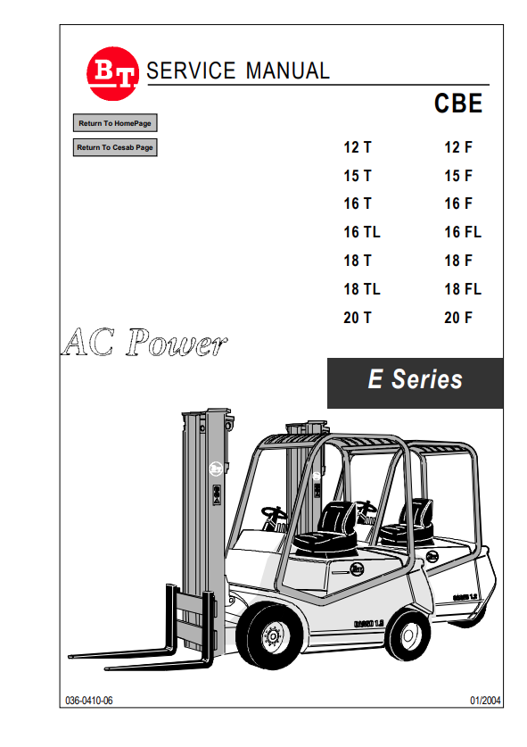 BT FORKLIFT 12T, 15T, 16T, 16 TL, 18T, 18TL, 20T, 12F, 15F, 16F, 16FL, 18F, 18FL, 20F SERVICE MANUAL PDF