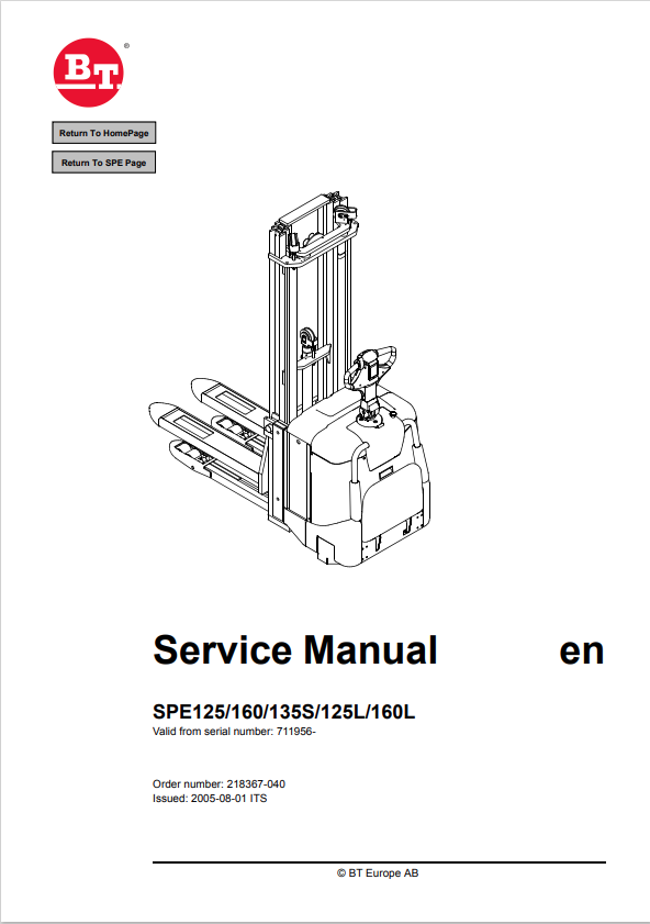 BT FORKLIFT SPE125, 160, 135S, 125L, 160L SERVICE MANUAL PDF