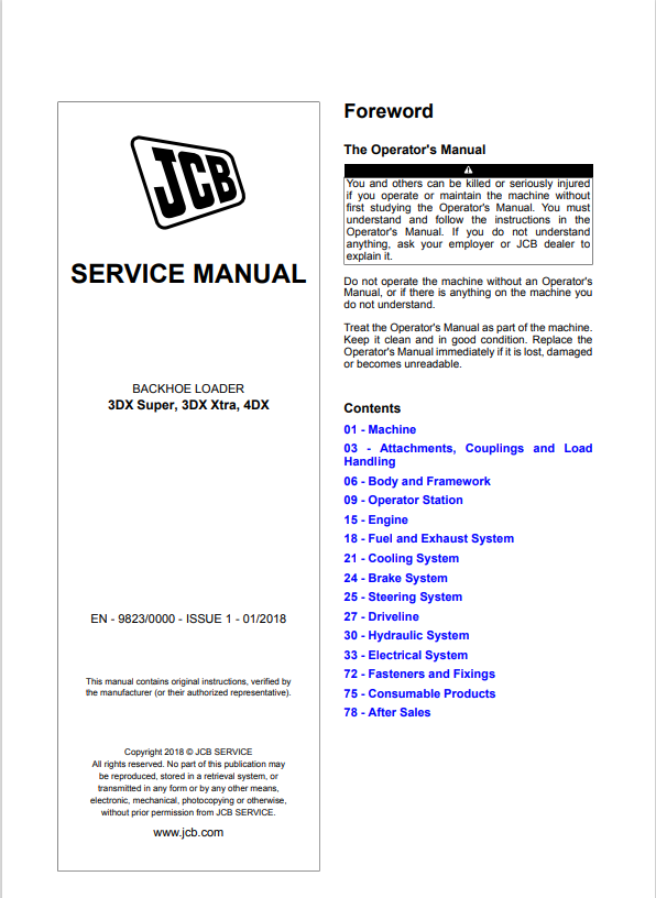 JCB Backhoe Loader 3DX Super, 3DX Xtra, 4DX Service Manual 9823/0000 PDF
