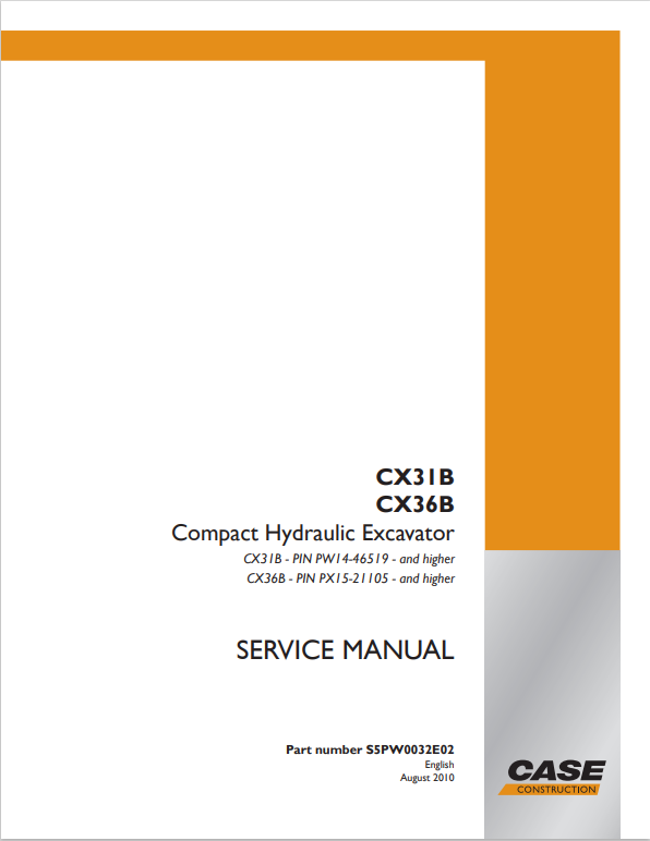 Case CX31B CX36B Compact Hydraulic Excavator Service Manual S5PW0032E02 PDF