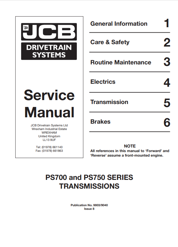 JCB PS700 and PS750 Series Transmission Service Manual 9803/9040 PDF
