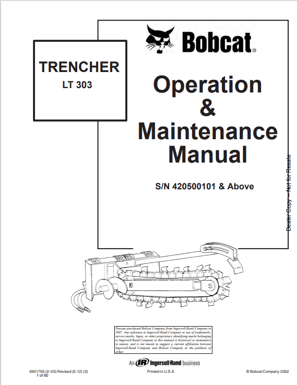 BOBCAT LT303 TRENCHER OPERATION AND MAINTENANCE MANUAL 6901765 PDF