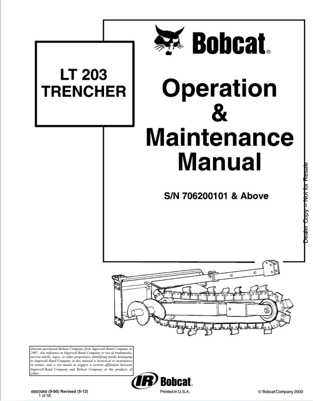 BOBCAT LT203 TRENCHER OPERATION AND MAINTENANCE MANUAL 6900989 PDF