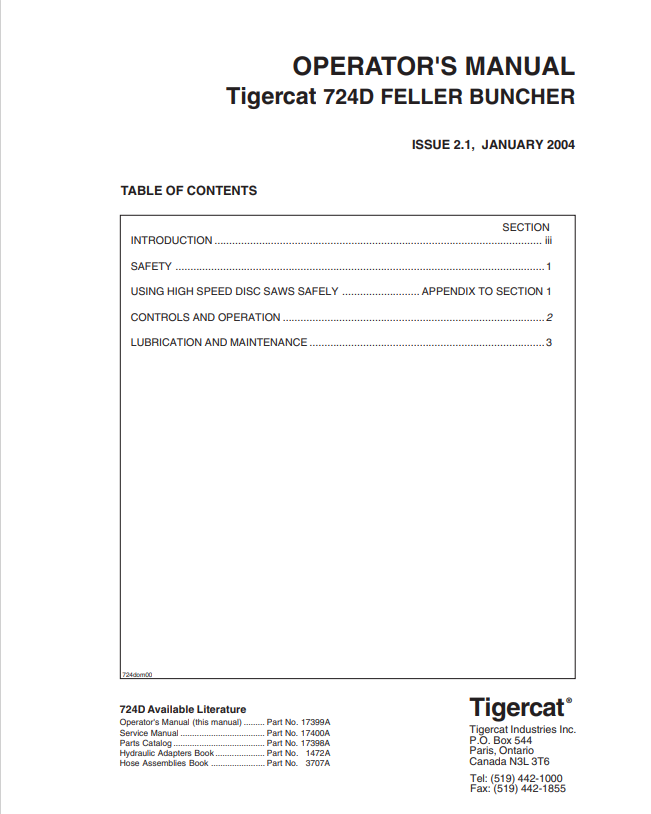 Tigercat 724D Feller Buncher Operator Manual 17399A