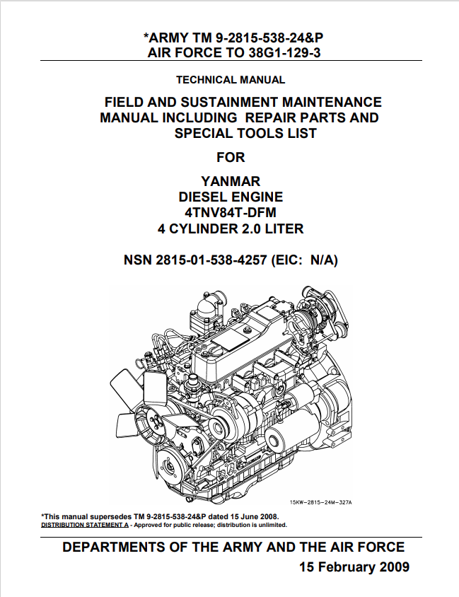 YANMAR DIESEL ENGINE 4TNV84T-DFM 4 CYLINDER 2.0 LITER TECHNICAL MANUAL PDF