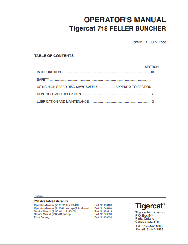 Tigercat 718 Feller Buncher Operator Manual 15810A
