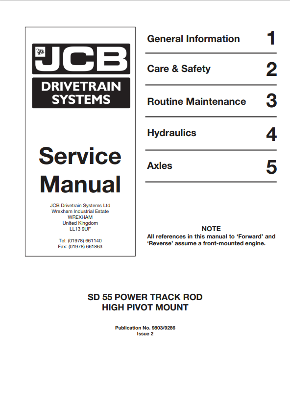 JCB SD 55 Power Track Rod High Pivot Mount Service Manual 9803/9286 PDF