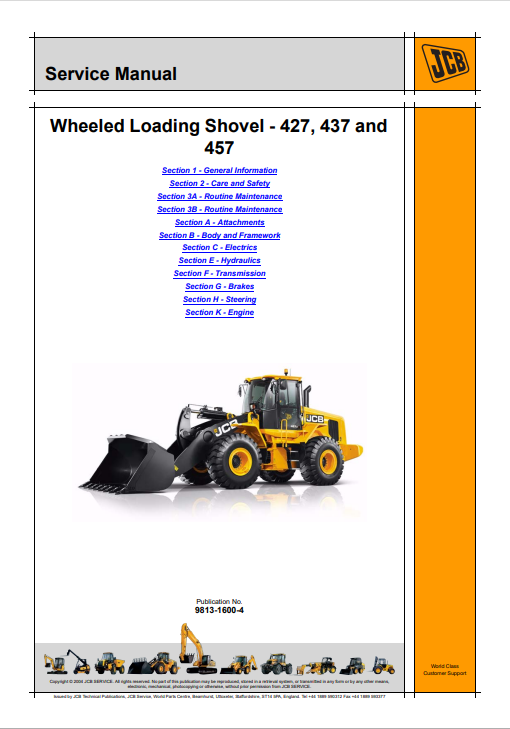JCB Wheeled Loading Shovel 427, 437 and 457 Service Manual 9813-1600-4 PDF