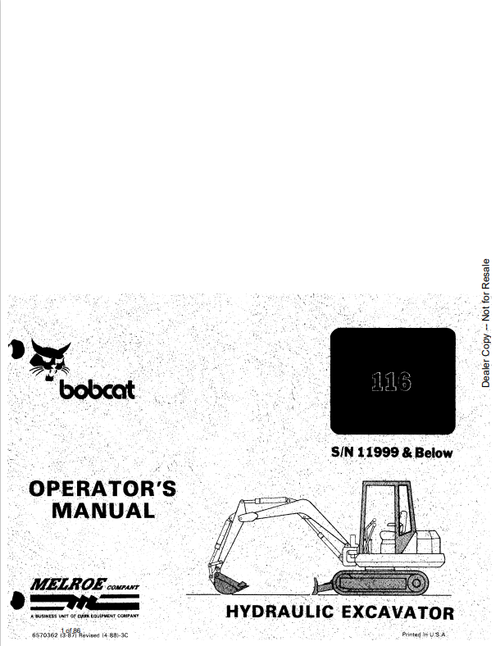 BOBCAT 116 HYDRAULIC EXCAVATOR OPERATOR MANUAL 6570362 PDF