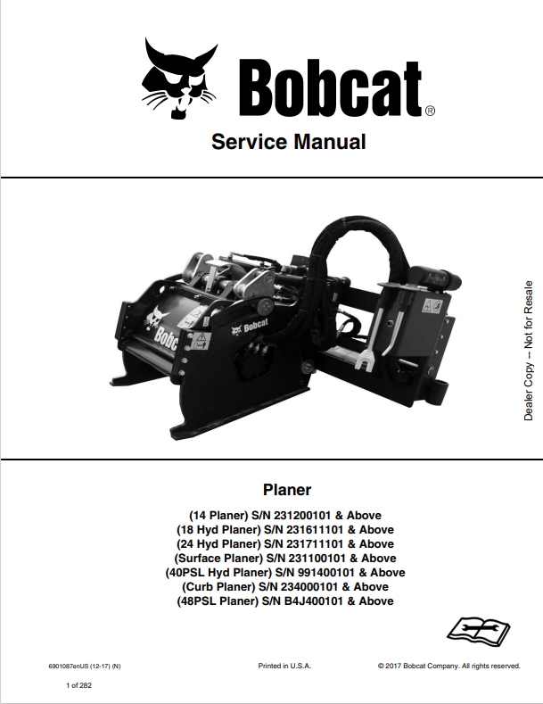 BOBCAT 14 PLANER, 18 HYD PLANER, 24 HYD PLANER, 40PSL HYD PLANER, 48PSL PLANER SERVICE MANUAL 6901087 PDF