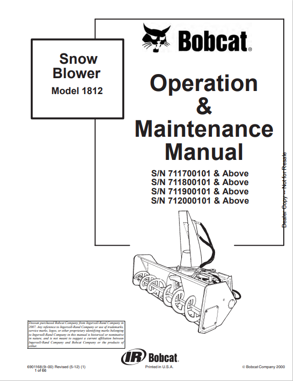 BOBCAT 1812 SNOW BLOWER OPERATION AND MAINTENANCE MANUAL 6901168 PDF