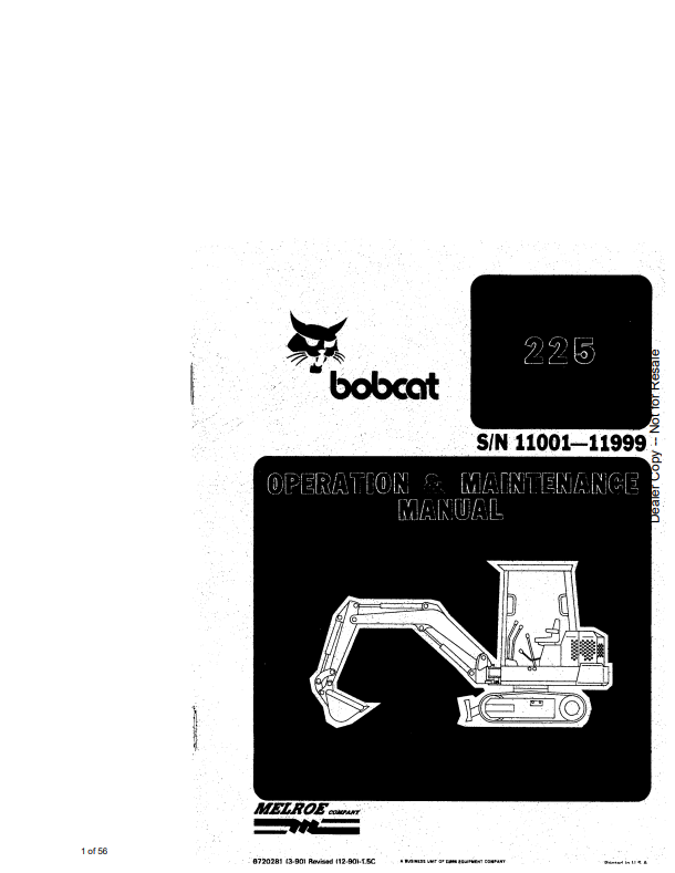 BOBCAT 225 HYDRAULIC EXCAVATOR OPERATION AND MAINTENANCE MANUAL 6720281 PDF