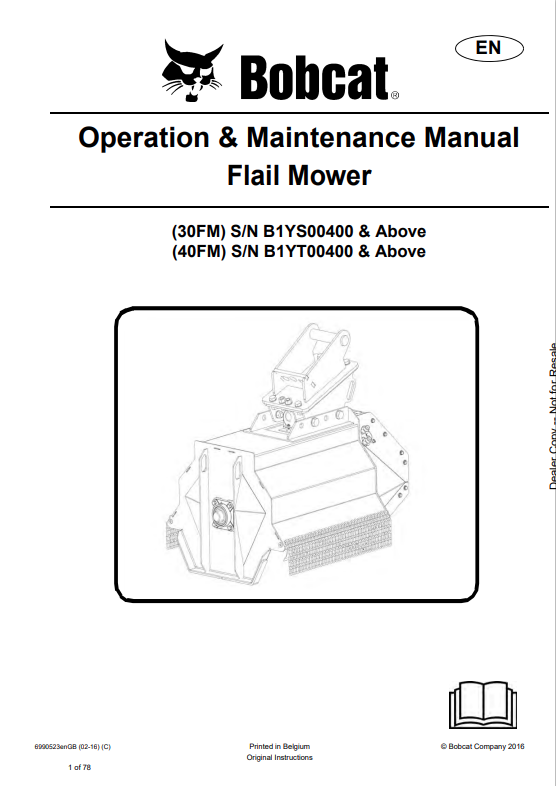 BOBCAT 30FM, 40FM FLAIL MOWER OPERATION AND MAINTENANCE MANUAL 6990523 PDF