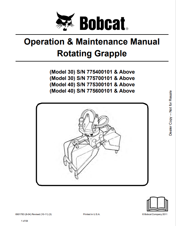 BOBCAT 30, 40 ROTATING GRAPPLE OPERATION AND MAINTENANCE MANUAL 6901783 PDF