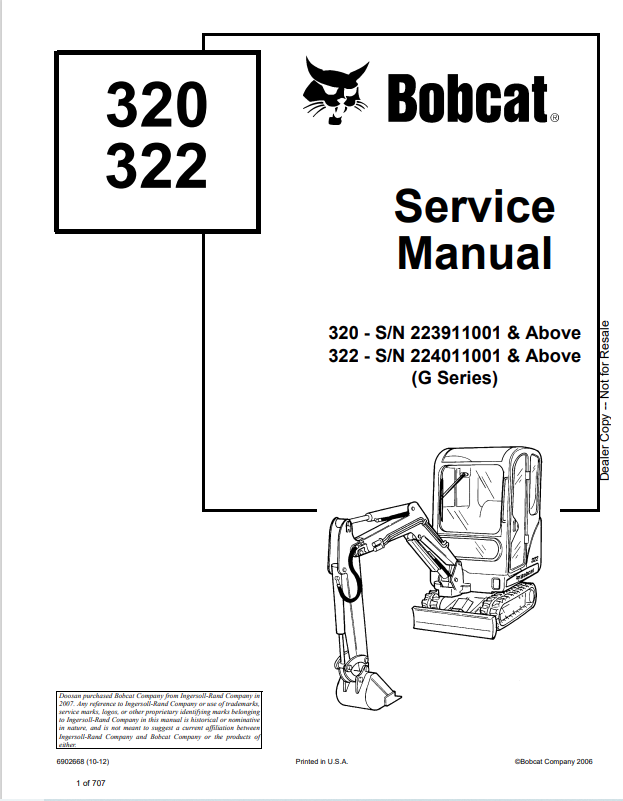 BOBCAT 320, 322 LOADER SERVICE MANUAL 6902668 PDF