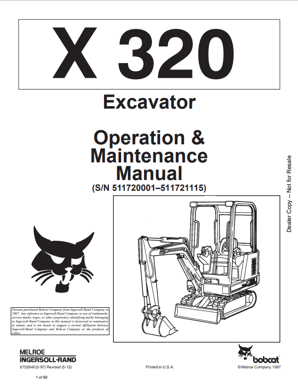 BOBCAT 320 EXCAVATOR OPERATION AND MAINTENANCE MANUAL 6722640 PDF