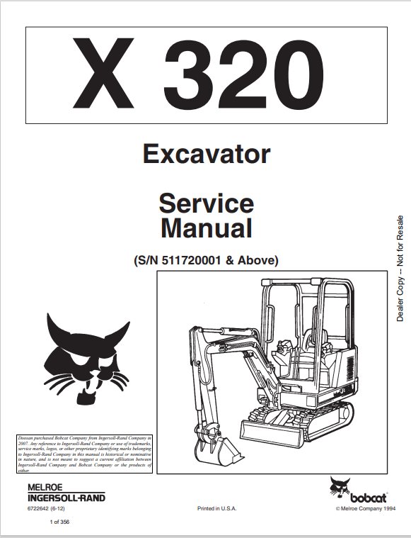 BOBCAT 320 EXCAVATOR SERVICE MANUAL 6722642 PDF