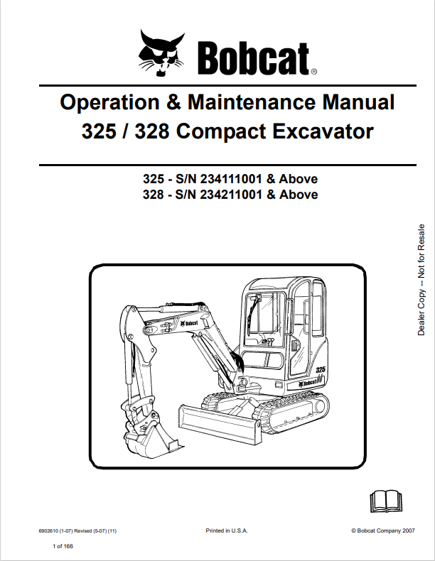 BOBCAT 325, 328 COMPACT EXCAVATOR OPERATION AND MAINTENANCE MANUAL 6902610 PDF