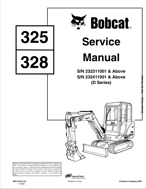 BOBCAT 325, 328 LOADER SERVICE MANUAL 6901138 PDF