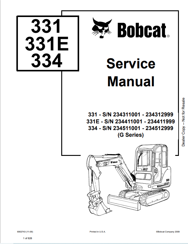 BOBCAT 331, 331E, 334 EXCAVATOR SERVICE MANUAL 6902743 PDF