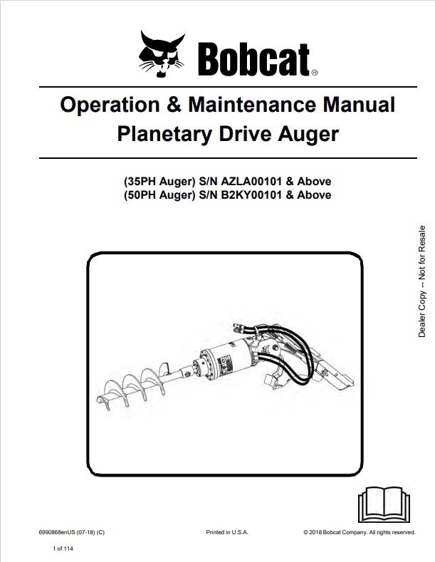 BOBCAT 35PH, 50PH PLANETARY DRIVE AUGER OPERATION AND MAINTENANCE MANUAL 6990868 PDF