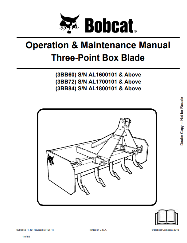 BOBCAT 3BB60, 3BB72, 3BB84 THREE-POINT BOX BLADE OPERATION AND MAINTENANCE MANUAL 6989542 PDF