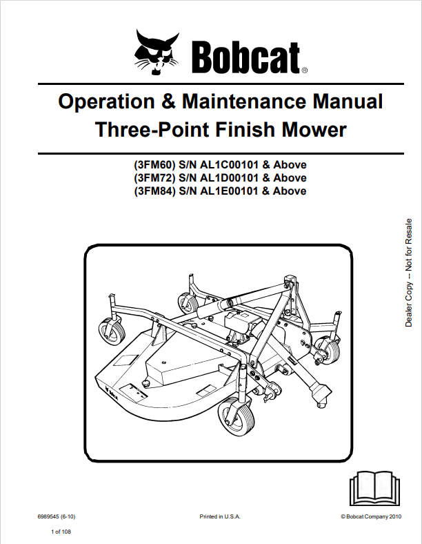BOBCAT 3FM60, 3FM72, 3FM84 THREE-POINT FINISH MOWER OPERATION AND MAINTENANCE MANUAL 6989545 PDF