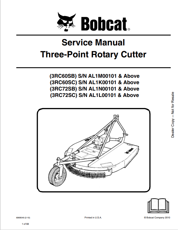 BOBCAT 3RC60SB, 3RC60SC, 3RC72SB, 3RC72SC THREE POINT ROTARY CUTTER SERVICE MANUAL 6989549 PDF