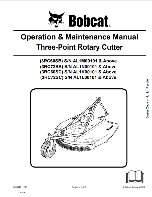 BOBCAT 3RC60SB, 3RC72SB, 3RC60SC, 3RC72SC THREE-POINT ROTARY CUTTER OPERATION AND MAINTENANCE MANUAL 6989548 PDF