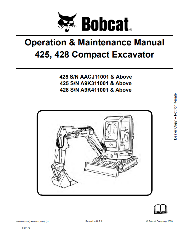 BOBCAT 425, 428 COMPACT EXCAVATOR OPERATION AND MAINTENANCE MANUAL 6986951 PDF