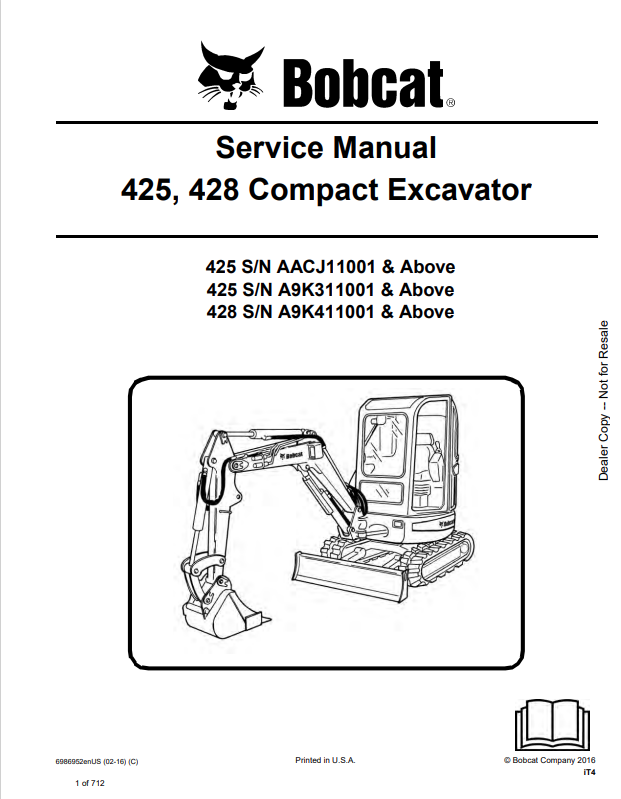 BOBCAT 425, 428 COMPACT EXCAVATOR OPERATION AND MAINTENANCE MANUAL 6986952 PDF