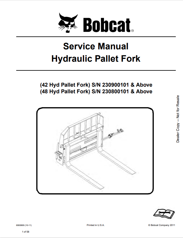 BOBCAT 42, 48 HYDRAULIC PALLET FORK SERVICE MANUAL 6900869 PDF