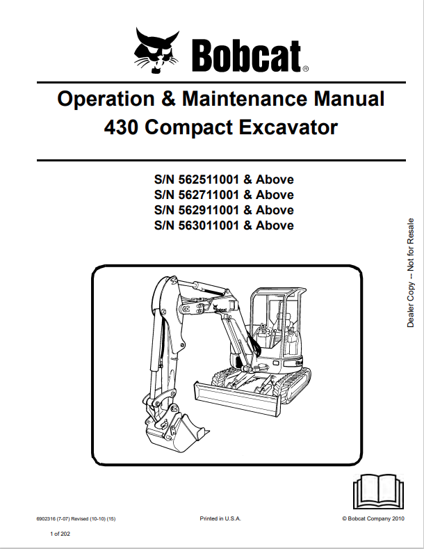 BOBCAT 430 COMPACT EXCAVATOR OPERATION AND MAINTENANCE MANUAL 6902316 PDF