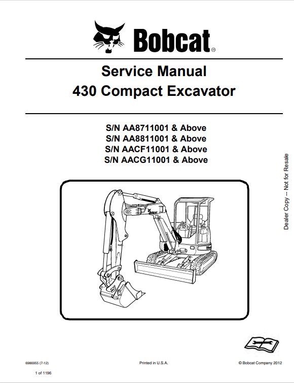BOBCAT 430 COMPACT EXCAVATOR SERVICE MANUAL 6986955 PDF