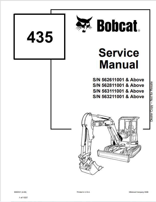 BOBCAT 435 LOADER SERVICE MANUAL 6902331 PDF