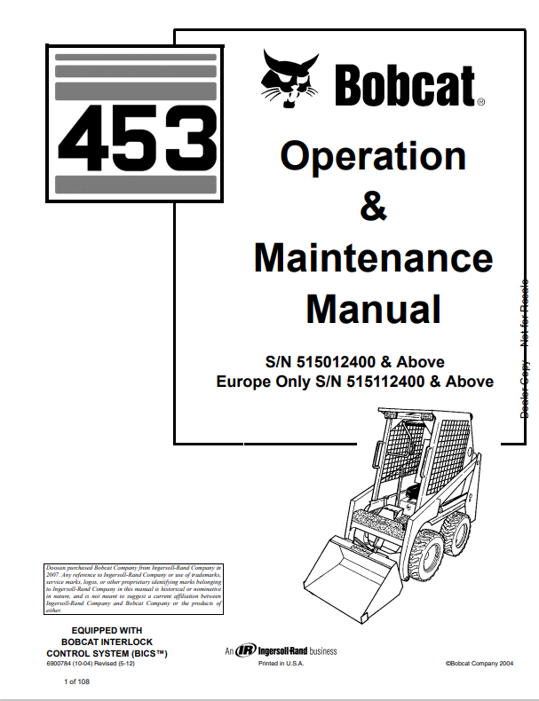 BOBCAT 453 LOADER OPERATION AND MAINTENANCE MANUAL 6900784 PDF