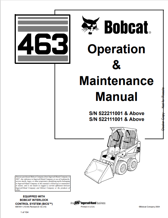 BOBCAT 463 LOADER OPERATION AND MAINTENANCE MANUAL 6901811 PDF