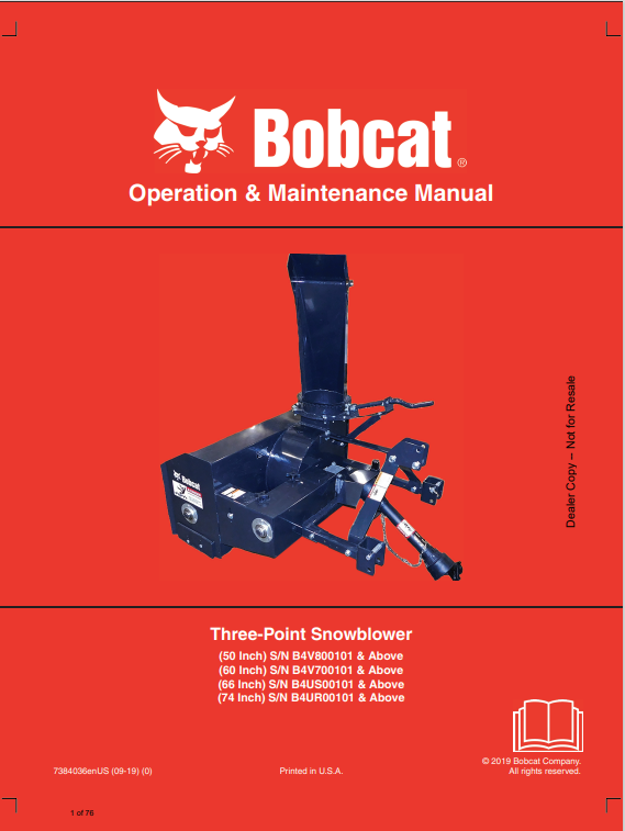 BOBCAT 50, 60, 66, 74 THREE-POINT SNOWBLOWER OPERATION AND MAINTENANCE MANUAL 6900808 PDF