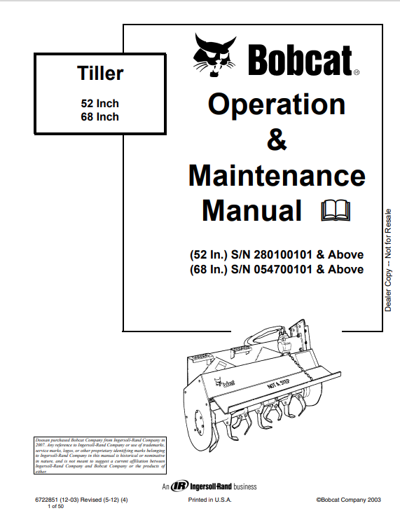 BOBCAT 52, 68 INCH TILLER OPERATION AND MAINTENANCE MANUAL 6722851 PDF