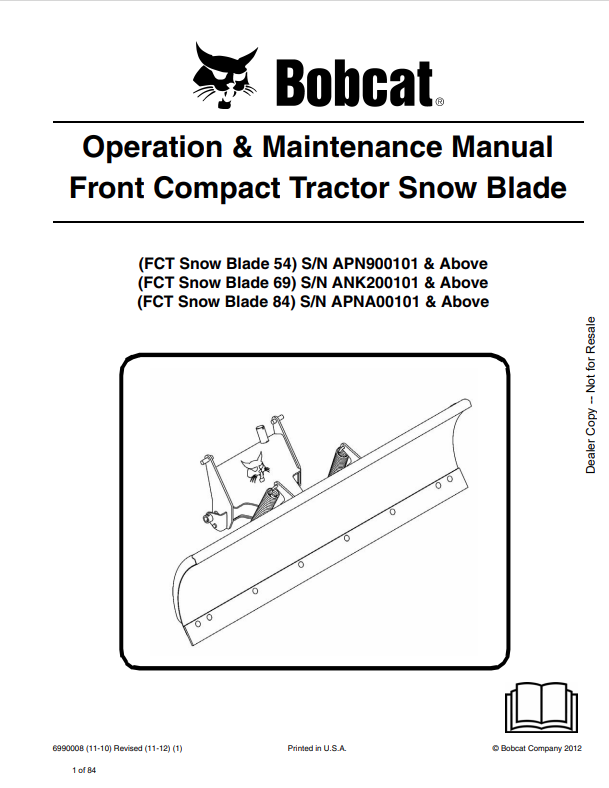 BOBCAT 54, 69, 84 FRONT COMPACT TRACTOR SNOW BLADE OPERATION AND MAINTENANCE MANUAL 6990008 PDF