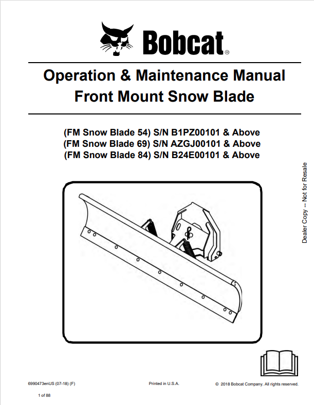 BOBCAT 54, 69, 84 FRONT MOUNT SNOW BLADE OPERATION AND MAINTENANCE MANUAL 6990473 PDF
