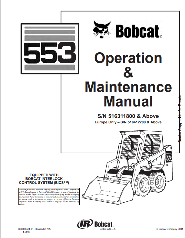 BOBCAT 553 LOADER OPERATION AND MAINTENANCE MANUAL 6900785 PDF