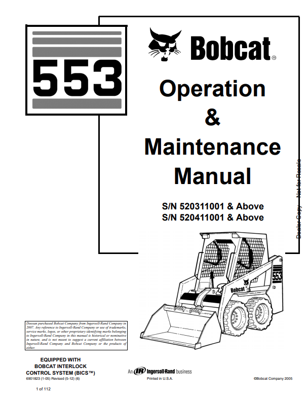BOBCAT 553 LOADER OPERATION AND MAINTENANCE MANUAL 6901823 PDF