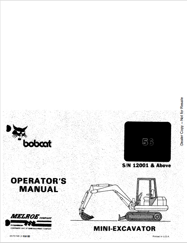 BOBCAT 56 MINI EXCAVATOR OPERATOR MANUAL 6570748 PDF