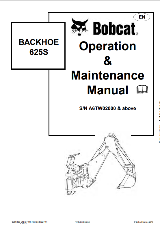 BOBCAT 625S BACKHOE OPERATION AND MAINTENANCE MANUAL 6986828 PDF