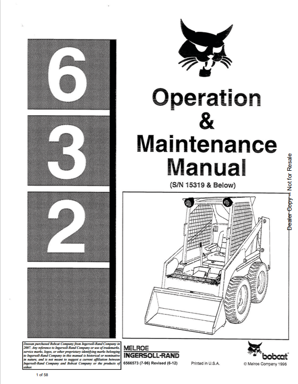 BOBCAT 632 LOADER OPERATION AND MAINTENANCE MANUAL 6566573 PDF