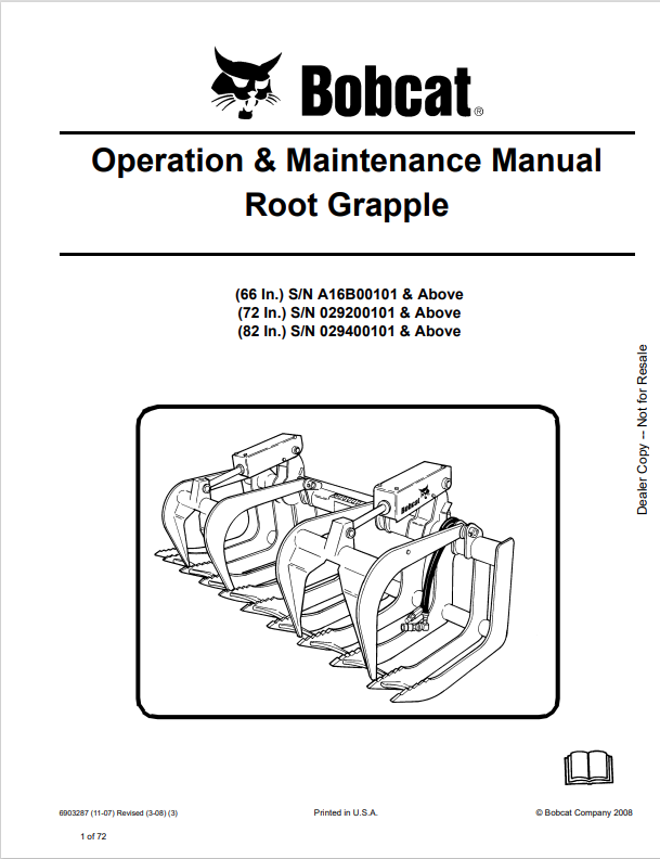 BOBCAT 66, 72, 82 INCH ROOT GRAPPLE OPERATION AND MAINTENANCE MANUAL 6904854 PDF